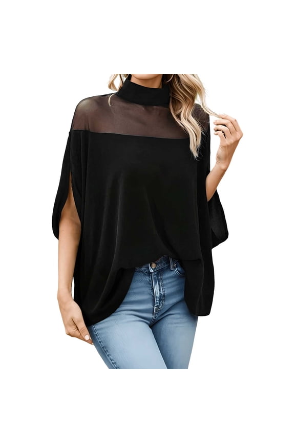 Womens Mesh Patchwork High Neck Blouse Batwing Short Sleeve Loose Casual Chiffon Top Elegant Solid Dressy Shirt For Party Daily Evening Wear