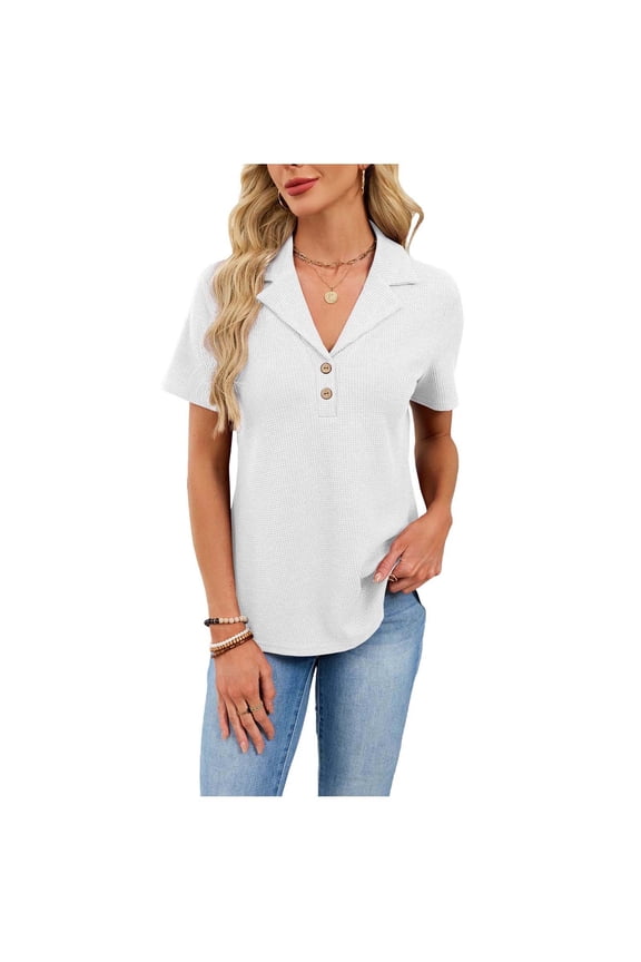 Womens Notch Collar Button-Front Tops Short Sleeve Textured Knit Blouses Casual Ribbed Stretchy Solid Color Shirts for Women Work Office Daily Wear