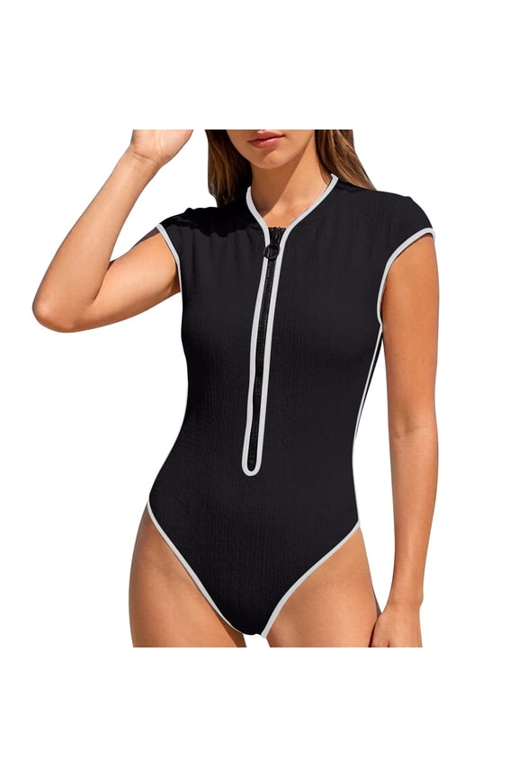 Womens One Piece Swimwear Solid Textured Fabric Front Zipper Cap Sleeve Contrast Trim Casual Sporty Moderate Coverage Bathing Wear For Surfing Beach Resort Summer Vacation Daily Outdoor Use