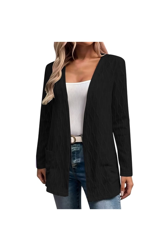 Womens Open Front Long Sleeve Cardigan Wave Textured Knit Casual Light Sweater Coat With Pockets For Fall Winter Daily Office Wear