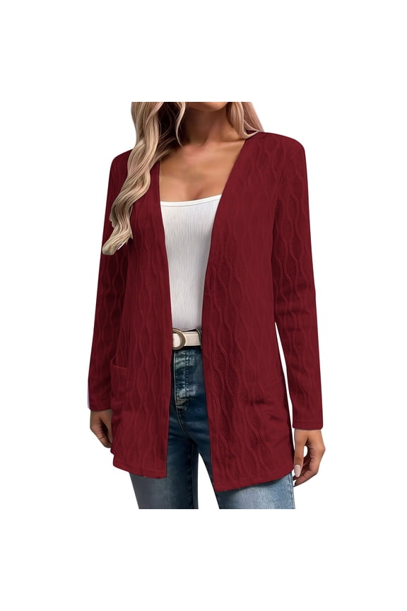 Womens Open Front Long Sleeve Cardigan Wave Textured Knit Casual Light Sweater Coat With Pockets For Fall Winter Daily Office Wear