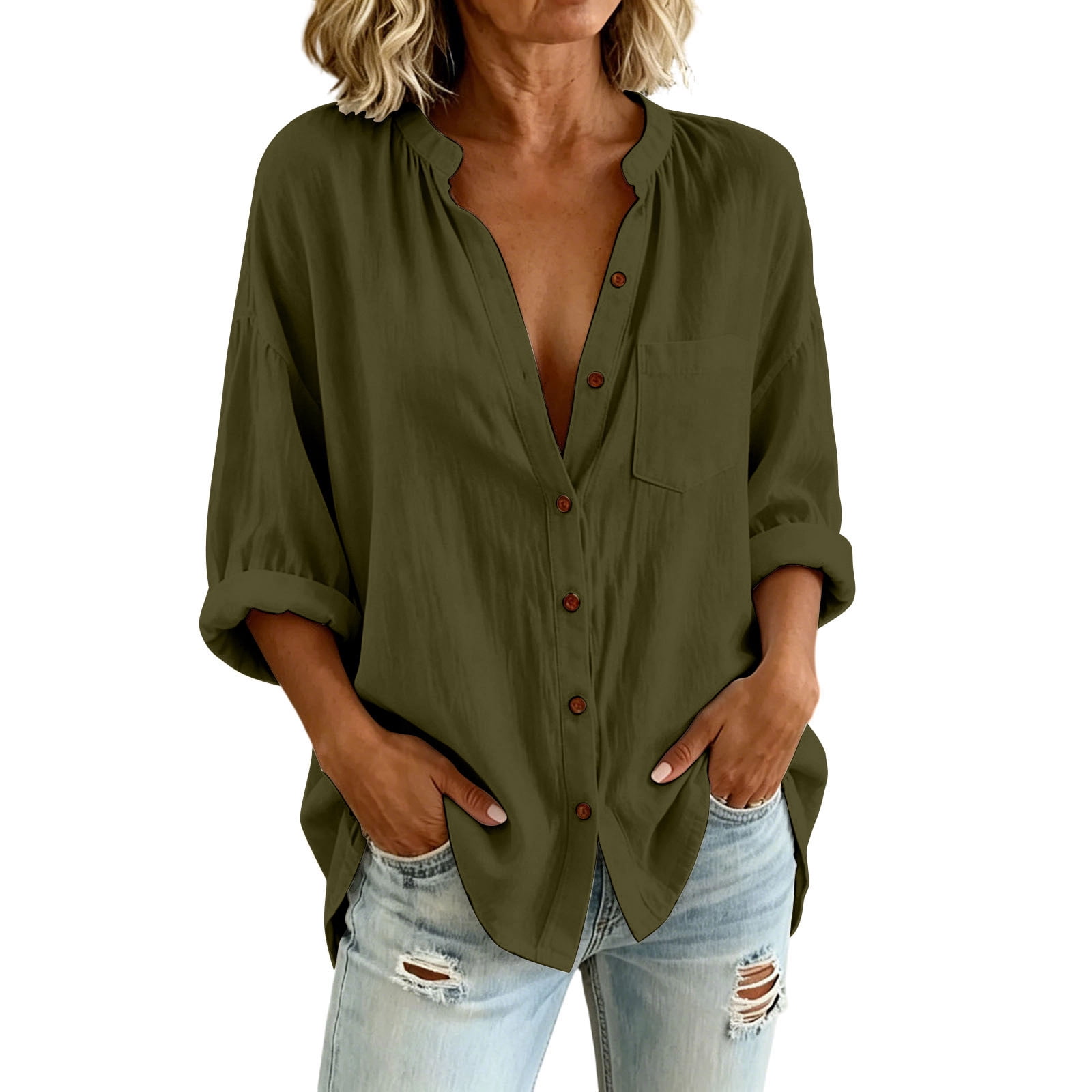 ATOYSOY Womens Oversized Button Down Blouses 3/4 Sleeve Stand Collar ...