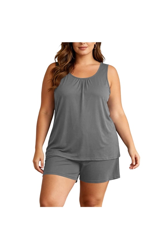 Womens Plus Size Sleeveless Pajamas Set Solid Color Summer Matching Loungewear Oversized Gathered Round Neck Vests Elastic High Waist Relaxed Shorts Light Soft Knit Nightwear For Home Sleep