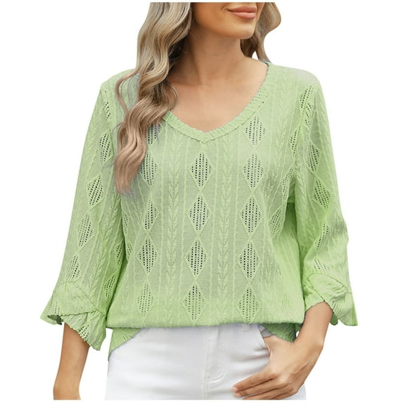 ATOYSOY Womens-Plus-Size-V-Neck-Tops Dressy 3/4 Length Ruffle Sleeve T Shirts Trendy Eyelet Blouses Casual Loose Tunics Green L