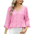 thumbnail image 1 of ATOYSOY Womens-Plus-Size-V-Neck-Tops Dressy 3/4 Length Ruffle Sleeve T Shirts Trendy Eyelet Blouses Casual Loose Tunics Pink M, 1 of 8
