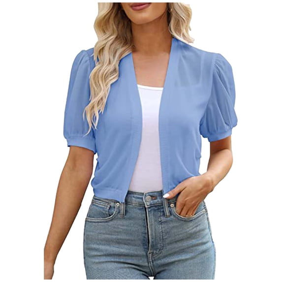 ATOYSOY Womens Puff Sleeve Sheer Chiffon Cropped Cardigan Open Front Light Casual Tops For Summer Beach Daily Layering Wear