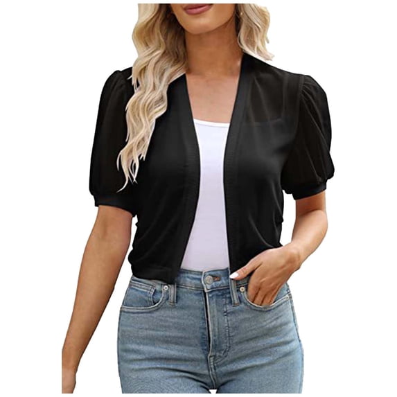 ATOYSOY Womens Puff Sleeve Sheer Chiffon Cropped Cardigan Open Front Light Casual Tops For Summer Beach Daily Layering Wear