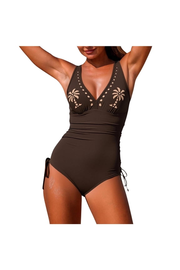 Womens Sleeveless Swimwear Tropical Hollow Pattern One Piece Swimsuit Ruched Mid Torso Side Drawstring Ladies Seaside Holiday Casual Swimming Outfit Multi Color Option