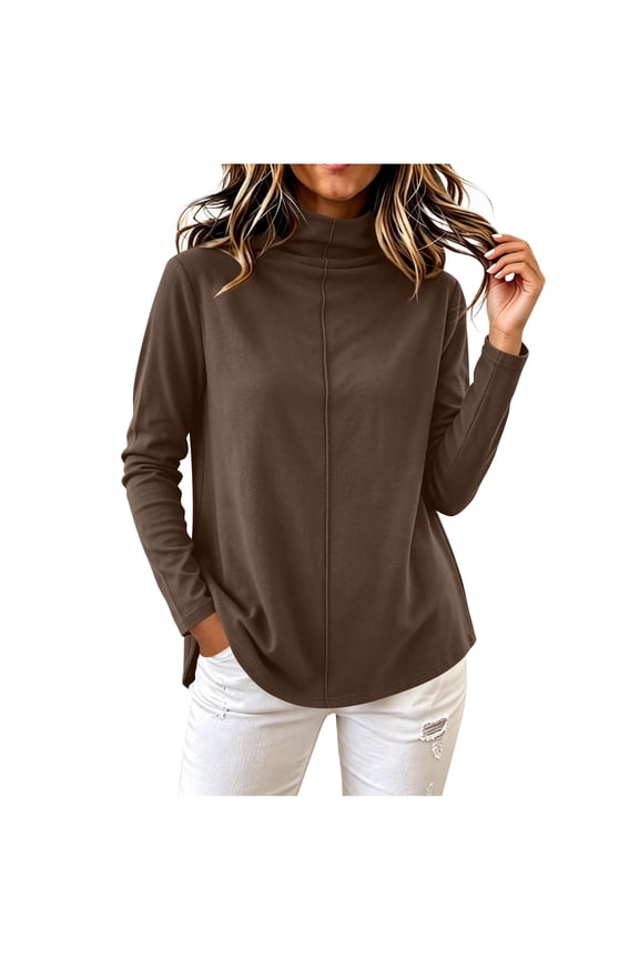 Womens Solid Mock Neck Tops Long Sleeve Split Hem Blouse Center Front Line Breathable Soft Comfy Loose Basic Shirts For Daily Layering Casual Travel