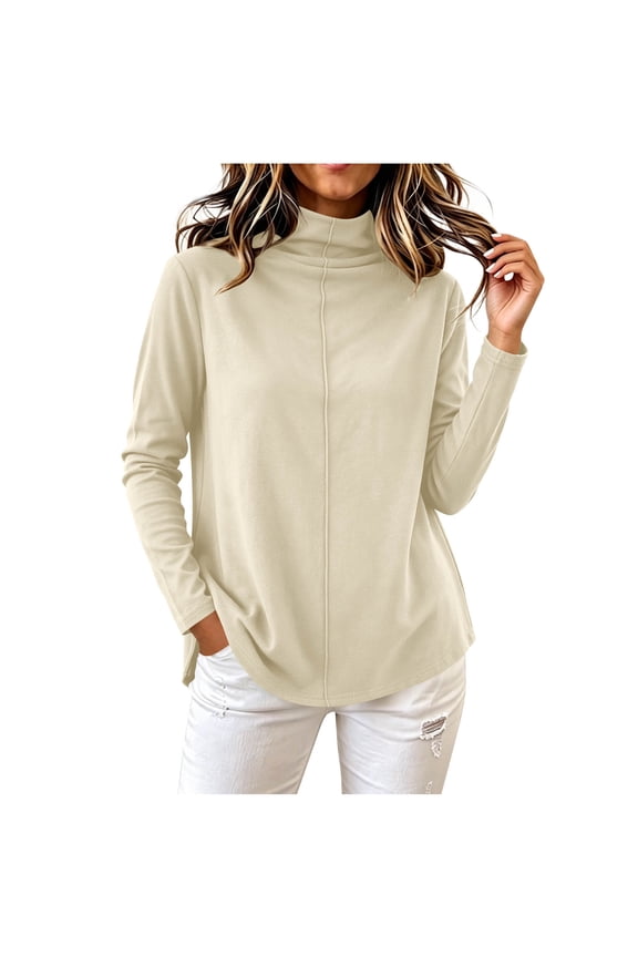 Womens Solid Mock Neck Tops Long Sleeve Split Hem Blouse Center Front Line Breathable Soft Comfy Loose Basic Shirts For Daily Layering Casual Travel