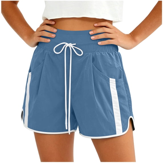 ATOYSOY Womens Striped Track Shorts Elastic High Waist Drawstring Active Shorts With Pockets Soft Casual Running Workout Shorts For Summer