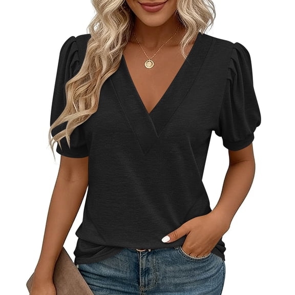 ATOYSOY Women's V Neck Puff Sleeve Tops Short Sleeve Dressy Casual Blouse, Solid Color Loose Fit Summer Shirts, Lightweight Everyday Tops for Women