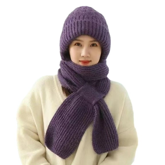 ATOYSOY Womens Windproof Cap Scarf Winter Warm Knitting Thick Warm Ear Hat Scarf Sets (Purple,Free Size)