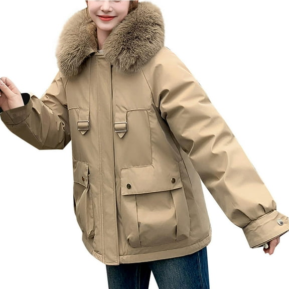 ATOYSOY Womens Winter Coat Long Sleeve Zip Up Puffer Jacket Quilted Puffer Jacket Warm Fuzzy Coat with Fauxhood Yellow XL