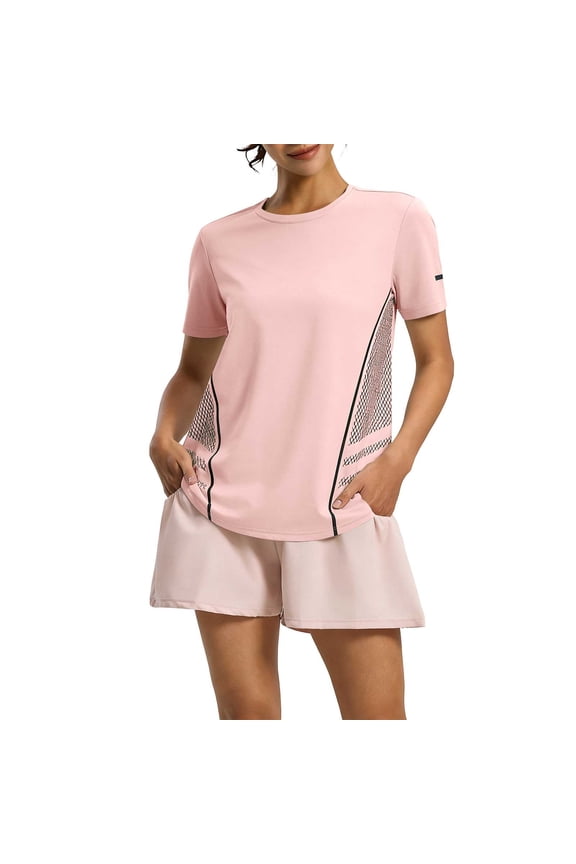 Womens Workout Tops Short Sleeve Crew Neck Mesh Panel Sporty T Shirt Fast Dry Breathable Summer Tops For Women Casual Gym Running Yoga Active Wear s Plus Size