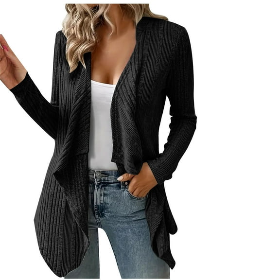 ATOYSOY Workout Fall Sweaters Lightweight Loose Jackets for Women Long Sleeve Sweatshirts Ribbed Casual Knitted Cardigans Open Front Coat Trendy Winter Black XXL