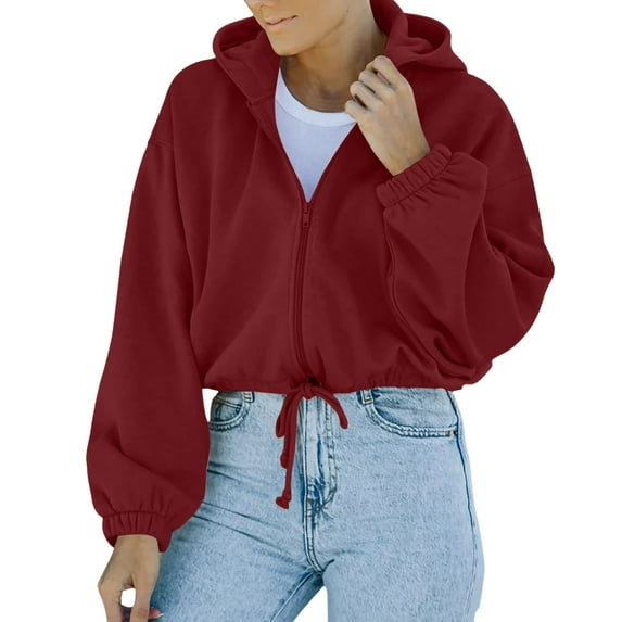ATOYSOY Workout Solid Color Tops Long Sleeve Woolen Coat Loose Hoodies Jackets with Pockets for Women Casual Sweatshirts Trendy Open Front Lapel Shackets Winter Red M