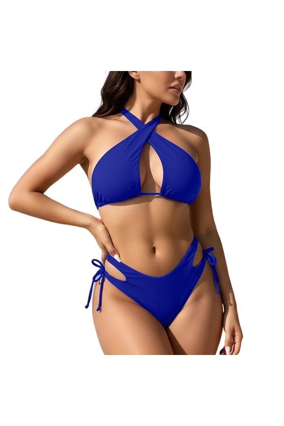 SOY Women Solid Separated Swimwear Cross Halter Hollow Top Side Knotted Bottom For Summer Beach Trip Pool Time Casual Waterside And Daily Outdoor Occasions