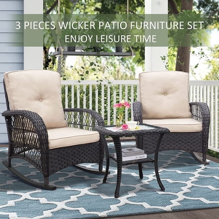 ATR 3-Piece Outdoor Patio Wicker Rocking Chairs Set,Rattan Rocker Chair Sets with Side Table for Porch,Khaki