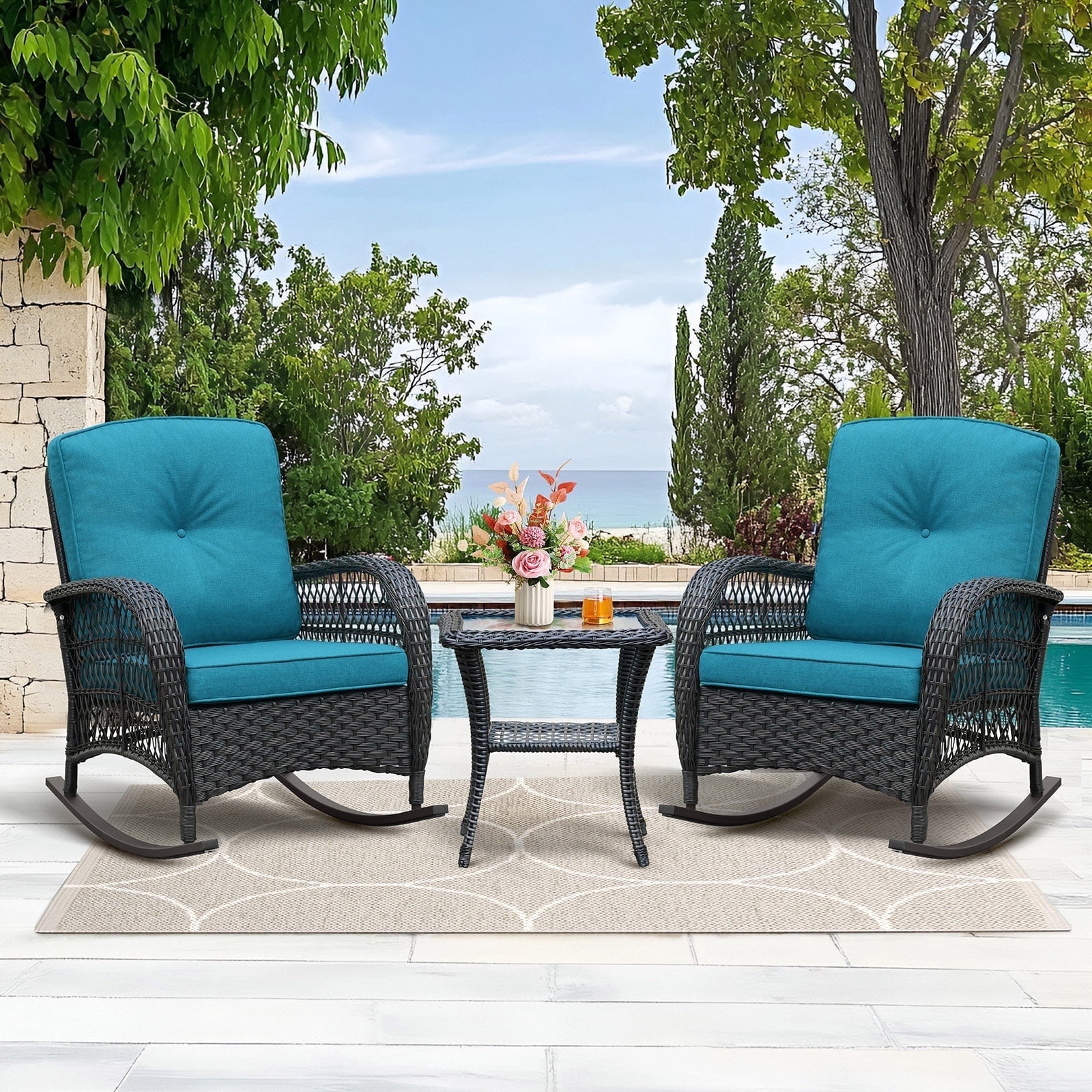 ATR ART to REAL Patio Wicker Rocking Furniture Sets,Rattan Rocker Chair Sets with Side Table for Porch, Peacock Blue