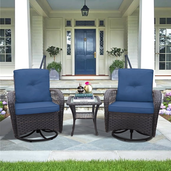 ATR ART TO REAL 3PCS Outdoor Wicker Swivel Rocker, Patio Rattan Furniture Rocker Set, Navy Blue
