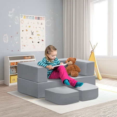 ATR ART to REAL 4 Pcs Indoor Fold Out Toddler Play Couch, Modular Kids Convertible Couch,Gray