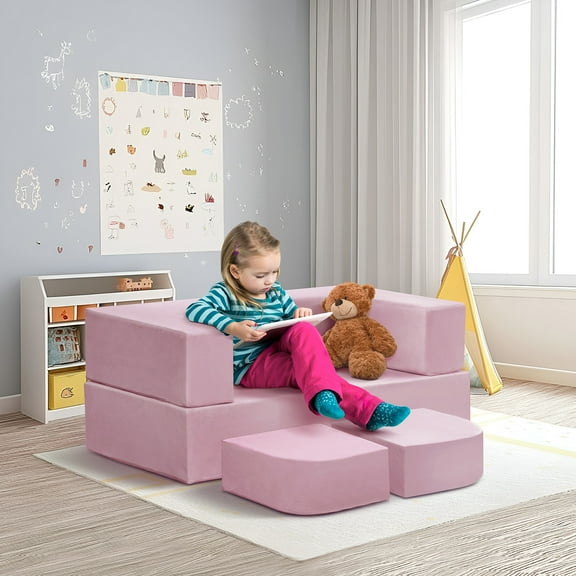 ATR ART to REAL 4 Pcs Indoor Fold Out Toddler Play Couch, Modular Kids Convertible Couch,Pink