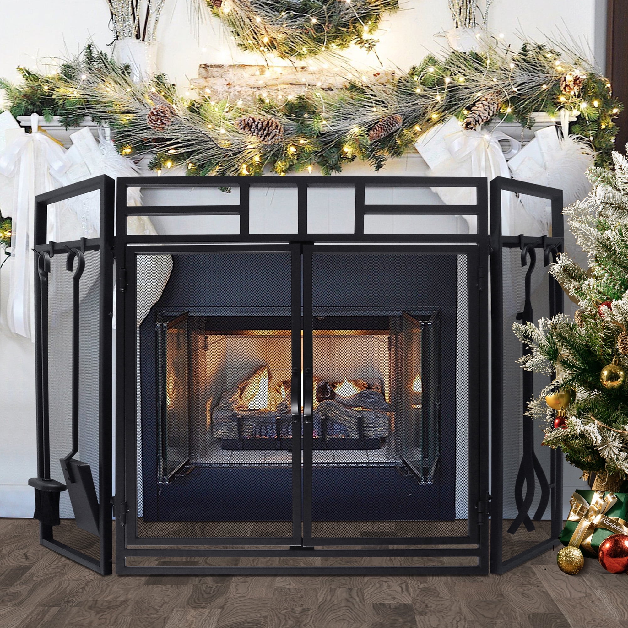 ATR ART to REAL 48.5"L x 31"H Folding Fireplace Screen with 4 Tools Set,Black