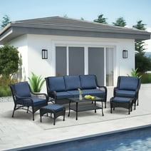 ATR ART to REAL 5-Person Rattan Patio Conversation Set, Wicker Sectional Furniture for Outside, Navy Blue