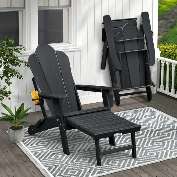 ATR ART to REAL Adirondack Chair with Retractable Ottoman, All Weather Patio Folding Fire Pit Chair with Cup Holder for Outdoor Poolside，Black