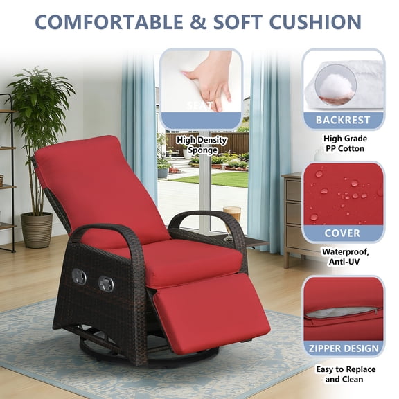 ATR ART to REAL Adjust Outdoor Swivel Recliner Chair,Patio Rattan 360 Degree Swivel Recliner Chair for Porch, Yard, Lawn,Red