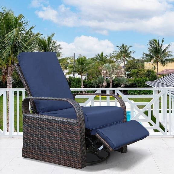 ATR ART to REAL All-Weather 360° Resin Wicker Swivel Recliner Chair with Aluminum Frame,Waterproof Cushion, Navy Blue