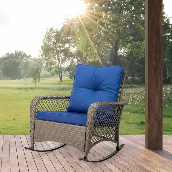 ATR ART to REAL Modern Porch Wicker Rocking Chair for Outdoor Patio,Grey Rattan, Blue Cushion