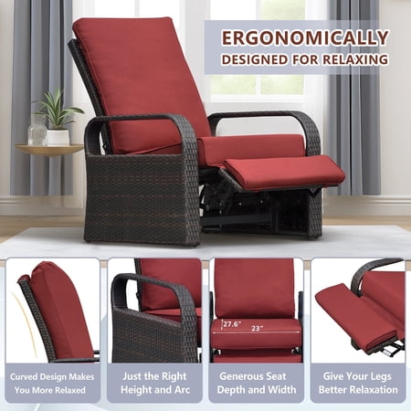 ATR ART TO REAL Outdoor Patio Wicker Adjustable Recliner Chair with Cushion,Red