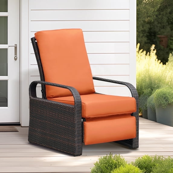 ATR ART TO REAL Outdoor Patio Wicker Adjustable Recliner Chair with Cushion,Orange