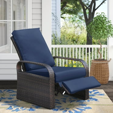 ATR ART to REAL Outdoor Patio Oversized Rattan Wicker Adjustable Recliner Chair with Cushion,Dark Blue