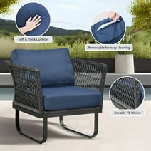 ATR ART to REAL Outdoor Patio Rattan Sofa Chair, All Weather Wicker Armchair with Cushion, Navy Blue