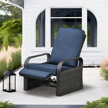 ATR ART to REAL Outdoor Patio Rattan Wicker Adjustable Recliner Chair with Cushion,Dark Blue