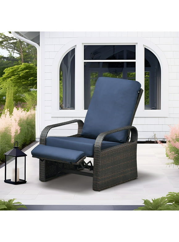 ATR ART to REAL Outdoor Patio Rattan Wicker Adjustable Recliner Chair with Cushion,Dark Blue