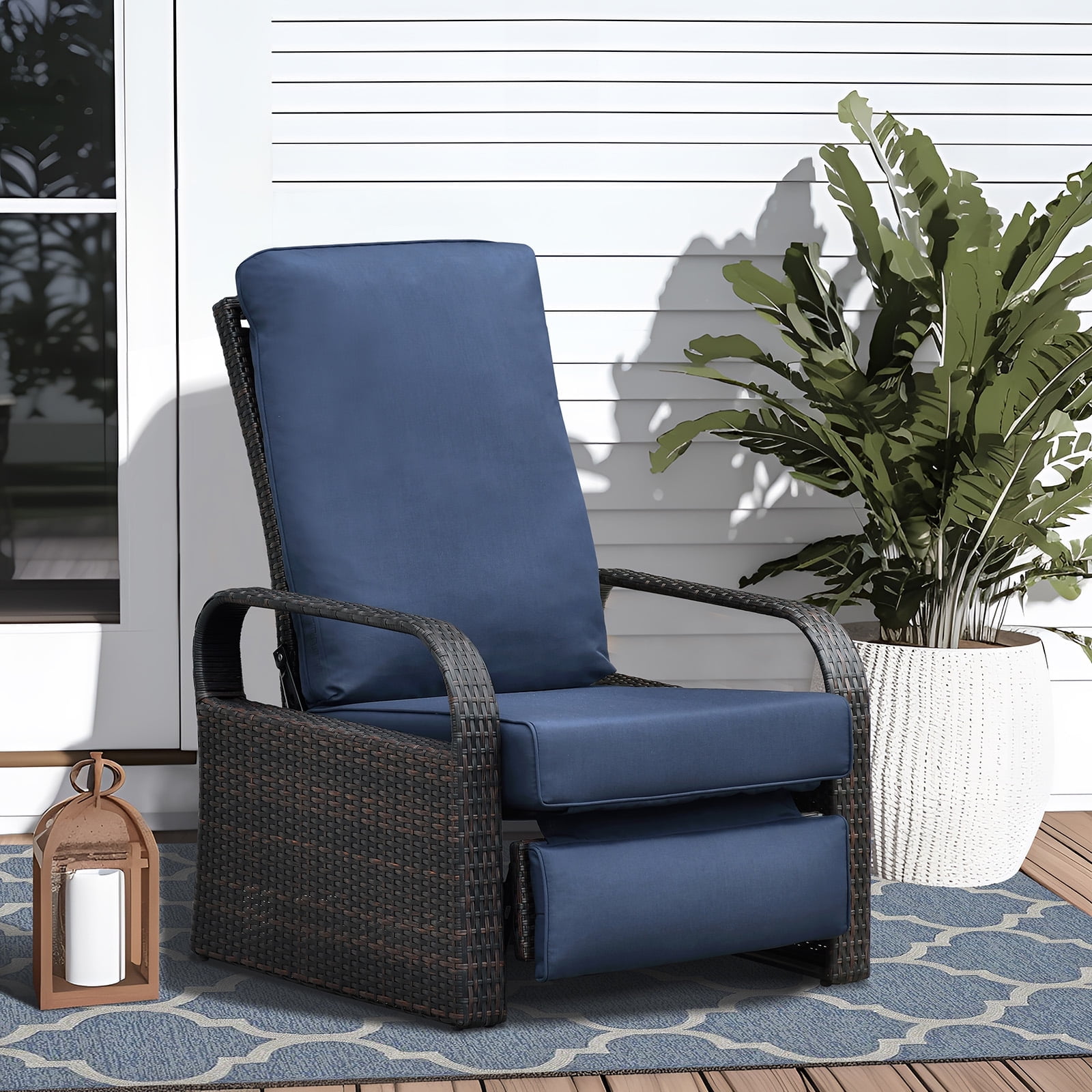 ATR ART to REAL Outdoor Patio Rattan Wicker Adjustable Recliner Chair with Cushion Dark Blue