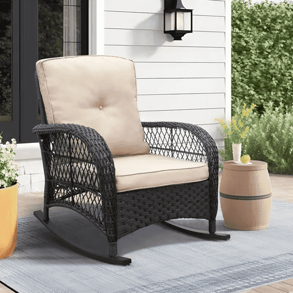 ATR ART TO REAL Patio Porch Rocking Chair, Resin Wicker Rocker with Waterproof Cushions, Khaki