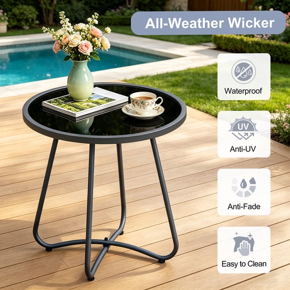 ATR ART to REAL Outdoor Side Table, 17.3" Round Patio Metal End Table,for Porch, Balcony, Living Room, Black