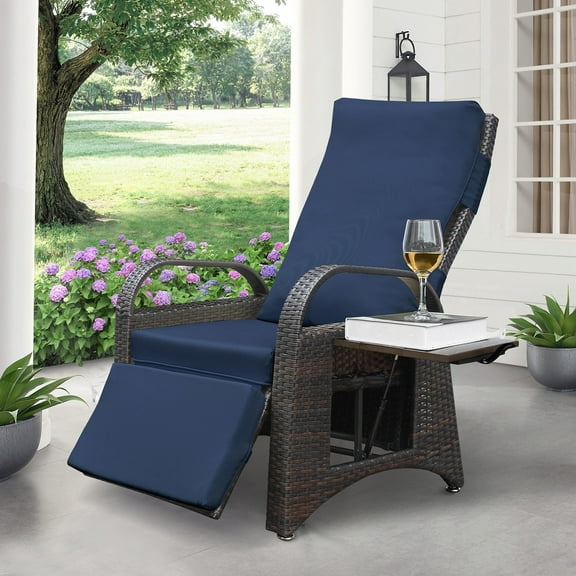 ATR ART to REAL Outdoor Wicker Recliner, Adjustable Rattan Reclining Chair with Cushion, Navy Blue