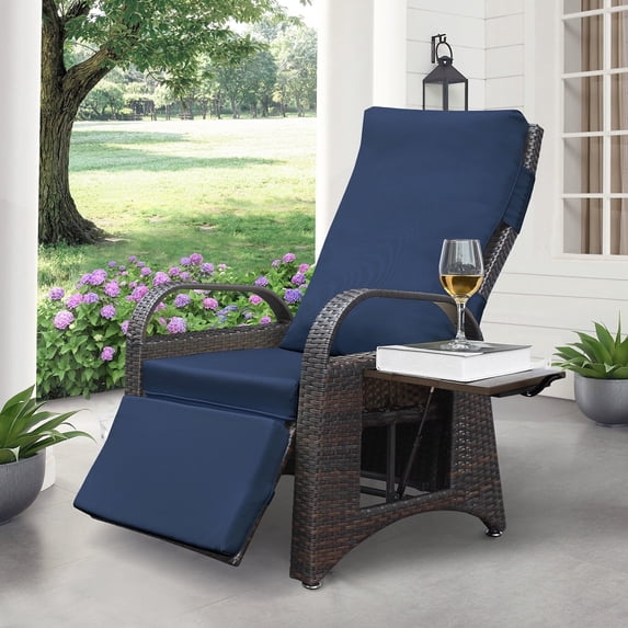 ATR ART TO REAL Outdoor Patio Wicker Recliner, Adjustable Rattan Reclining Chair with Cushion, Navy Blue