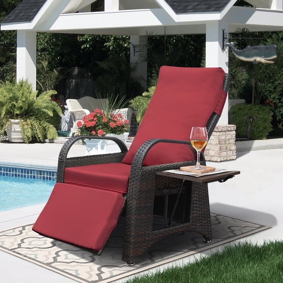 ATR ART to REAL Outdoor Patio Wicker Recliner with Flip Table, Rattan Reclining Lounge Chair with Footrest, Red(Perfect for Slim Individuals)