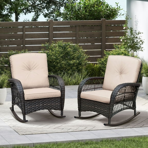 ATR ART to REAL Indoor Outdoor Wicker Rocking Chairs, Patio Rattan Rocker Chairs with Cushions for Backyard Deck Porch,Brown Wicker & Khaki Cushion