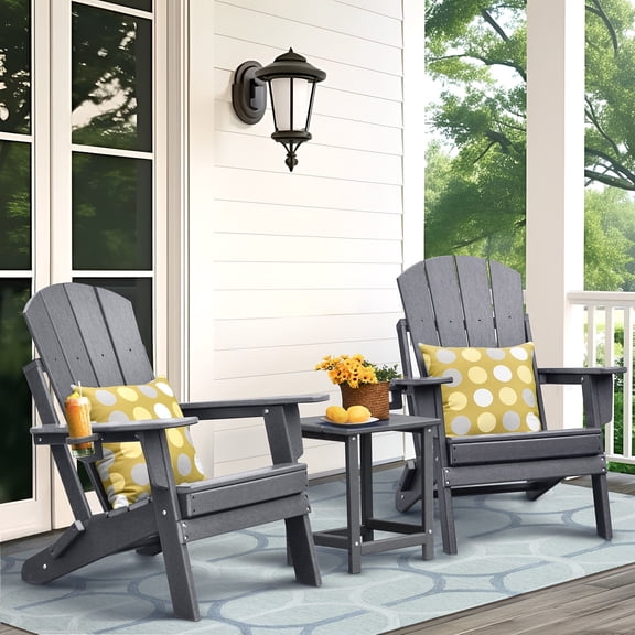 ATR ART to REAL Patio 3 Pcs Foldable Adirondack Set,2 Adirondack Plastic Chairs with Cup Holder andTable, Dark Grey