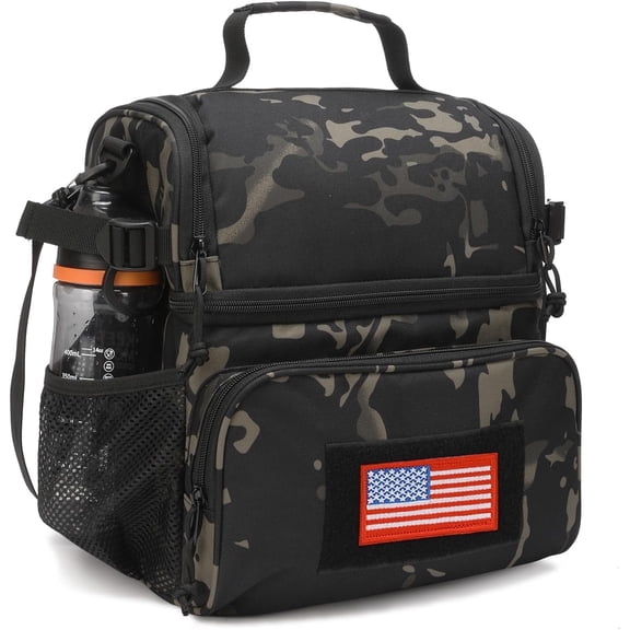ATRIPACK 2 Compartment Lunch Bag for Men Adult,Lunch Box Leakproof Insulated Large Capacity Cooler Bag for Work with Adjustable Shoulder Strap Flag Double Layer Lunch Pail(16L Camo-Black)