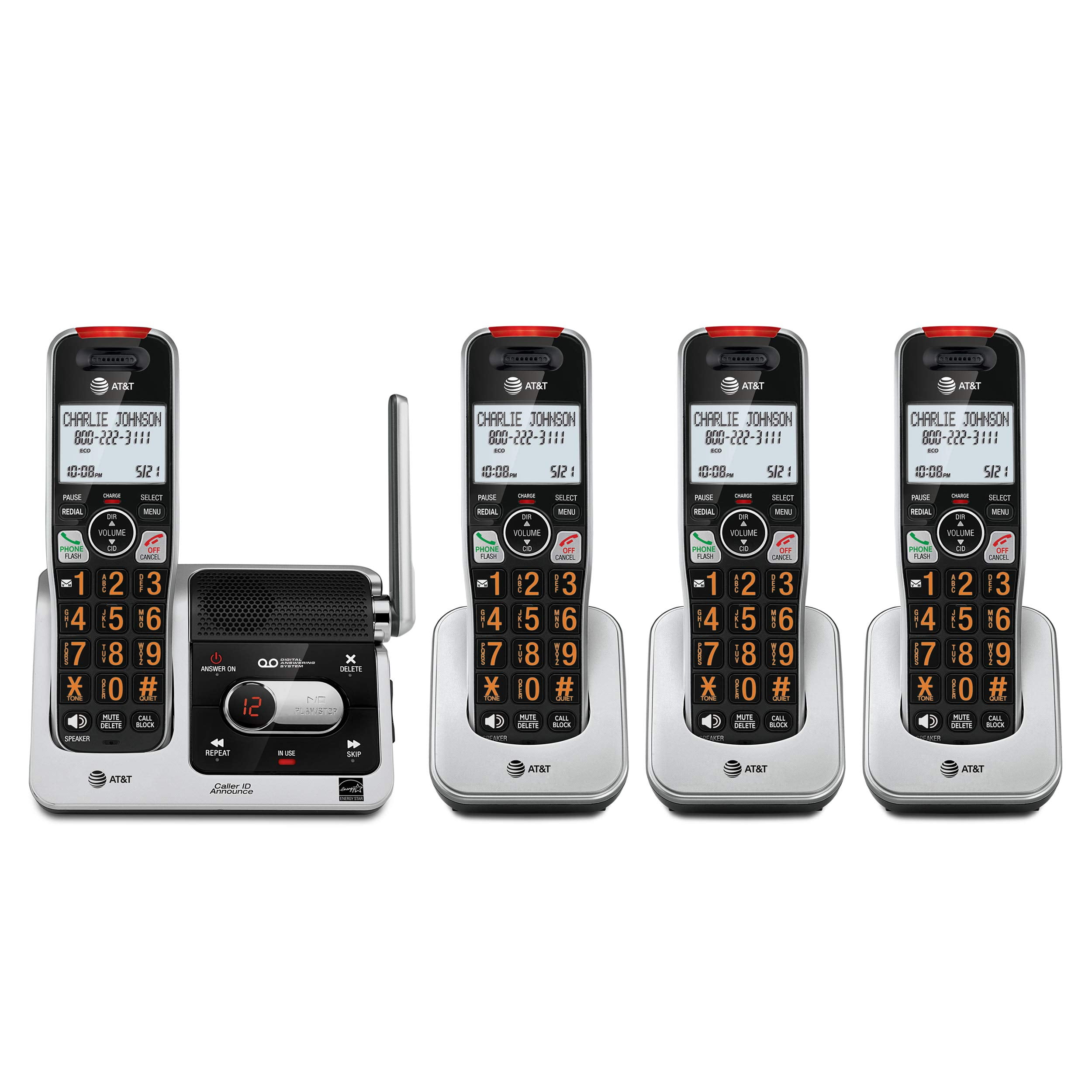 AT&T BL DECT 6.0 4-Handset Cordless Phone for Home with Answering Machine, Blocking, Caller ID Announcer, Audio Assist, Intercom, and Unsurpassed Range, Silver/Black 4 Handset Phone