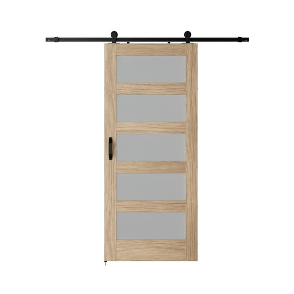 ATT Hardware 36"x 84" Gray Glass Barn Door with 6.6FT Sliding Door Hardware & Handle,5 Panel Frosted Glass,DIY Assembly